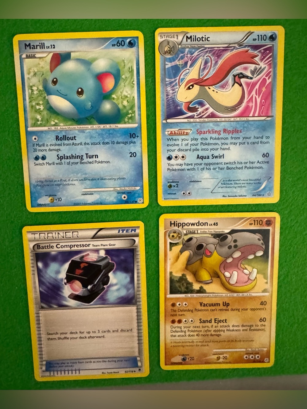 Pokémon TCG Card Lot of 4: Milotic, Marill, Hippowdon & Battle Compressor
